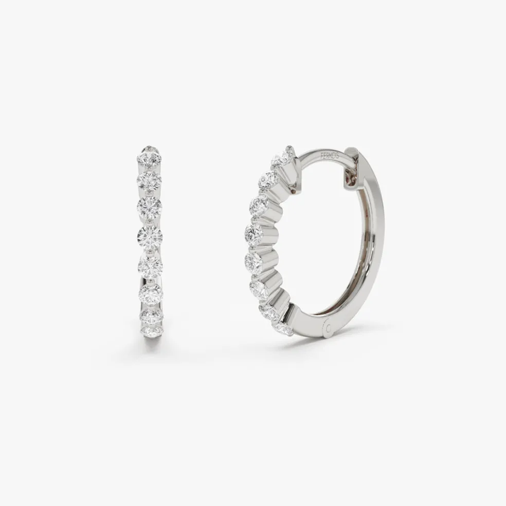 14k Solid Gold Shared Prong Diamond Hoop Earrings