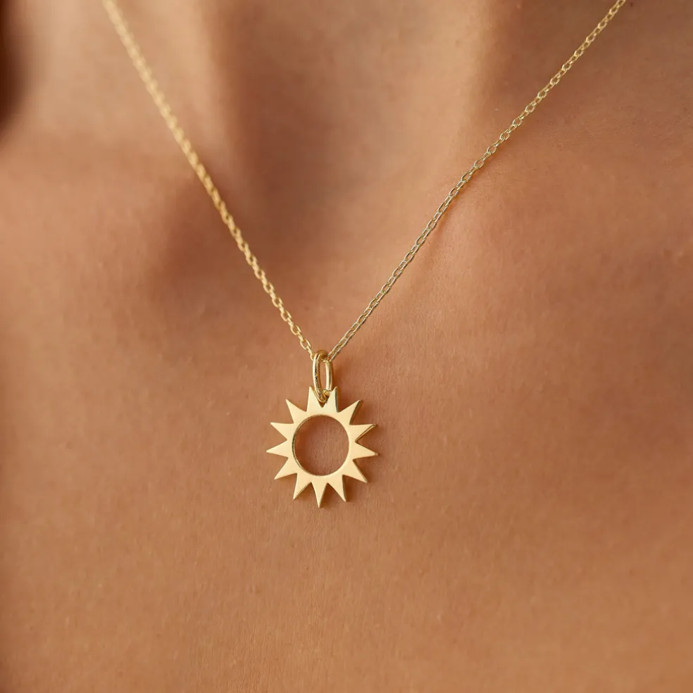 14k Solid Gold Sun Pendant Necklace