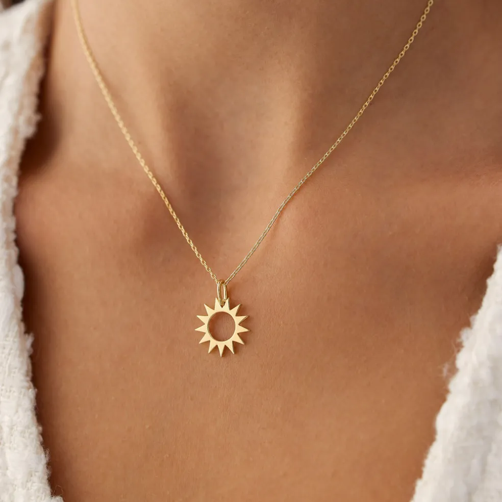 14k Solid Gold Sun Pendant Necklace