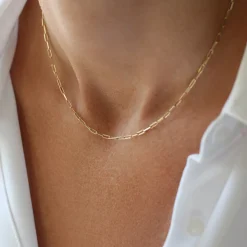 14k Solid Gold Tiny Paper Clip Link Necklace
