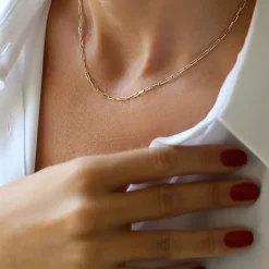14k Solid Gold Tiny Paper Clip Link Necklace