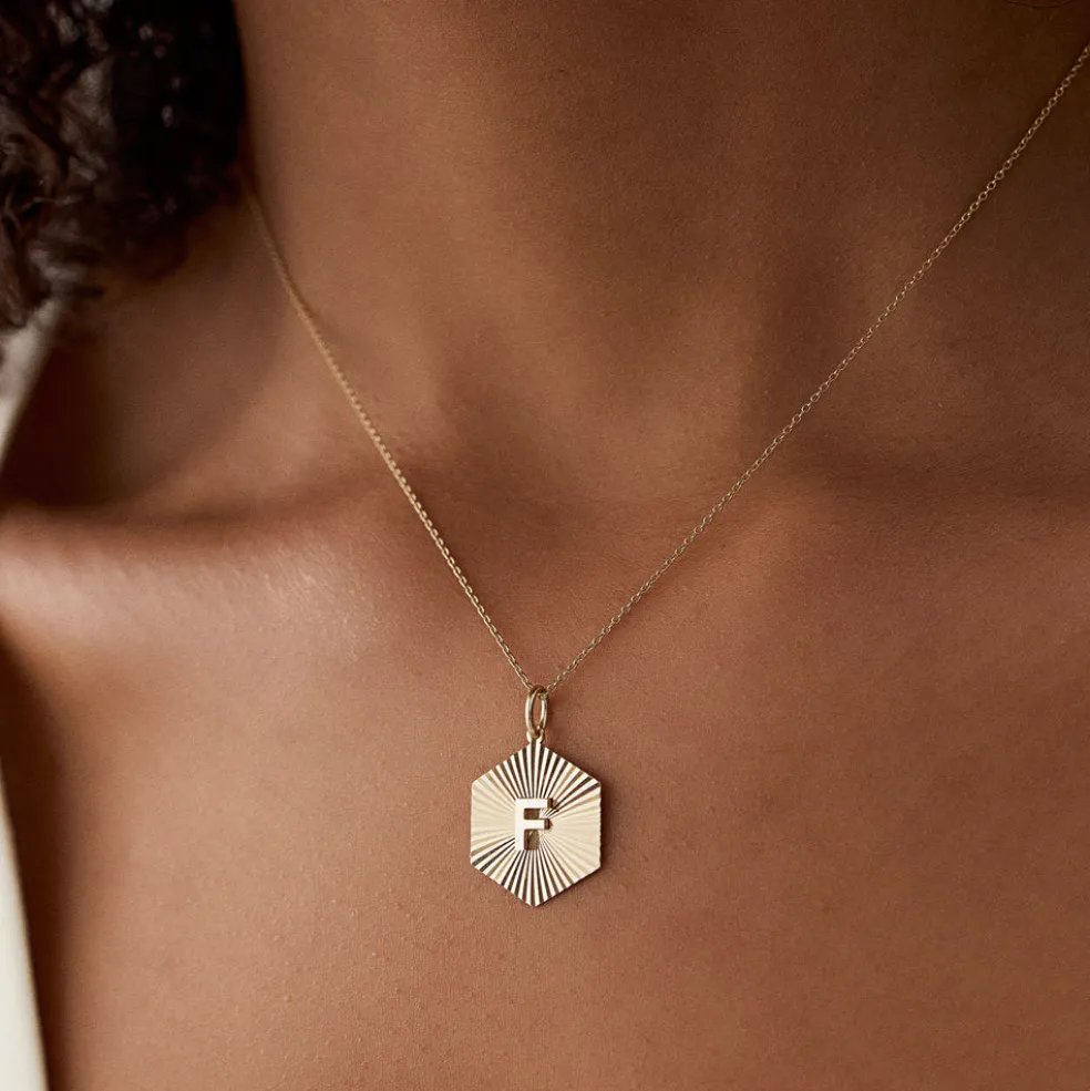 14k Sparkle Hexagon Disc Initial Necklace