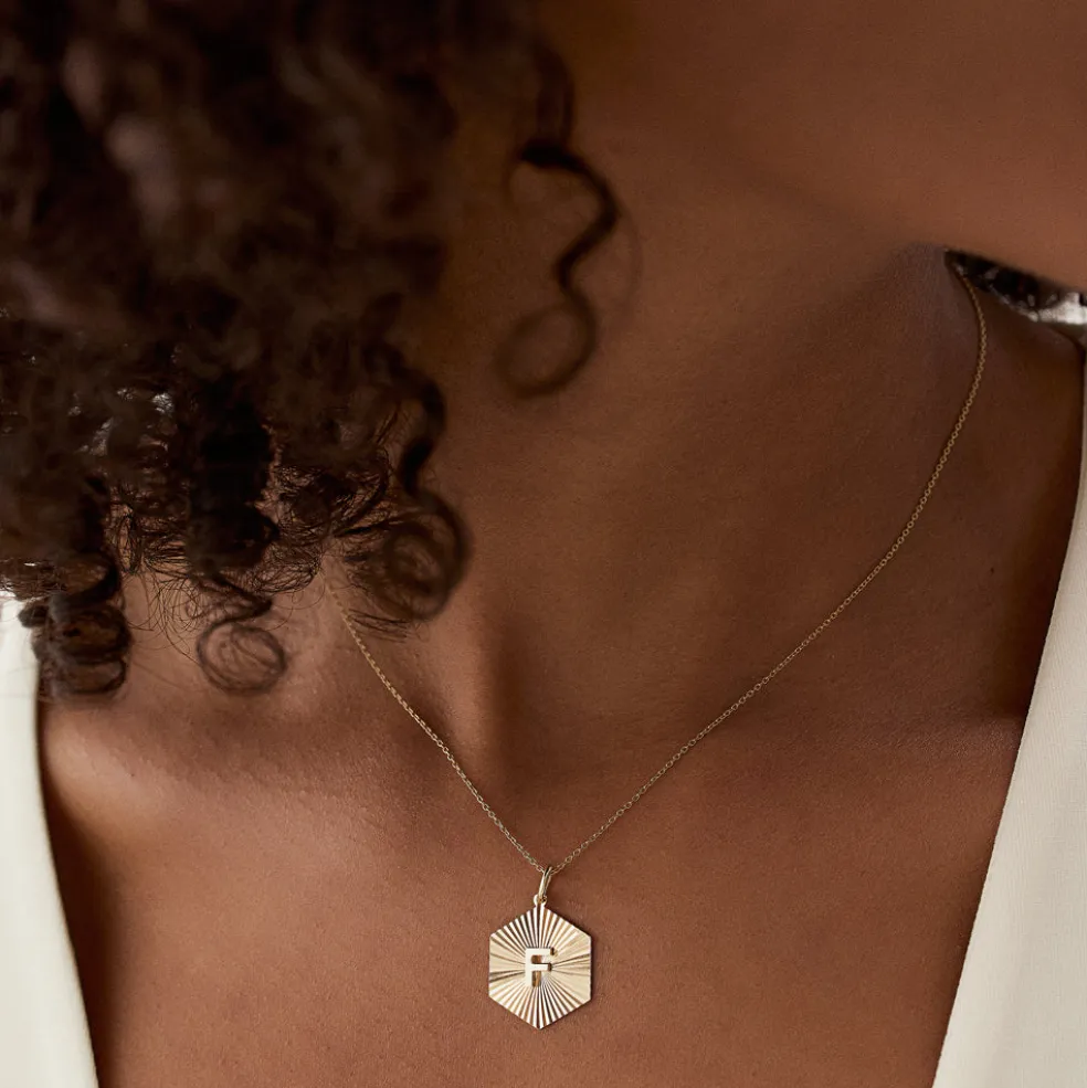 14k Sparkle Hexagon Disc Initial Necklace