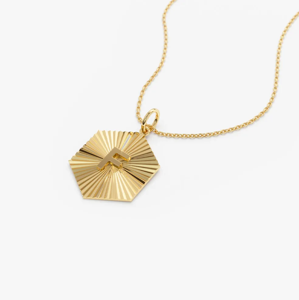 14k Sparkle Hexagon Disc Initial Necklace