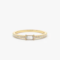 14k Stackable Baguette Diamond Ring with Pave Diamonds