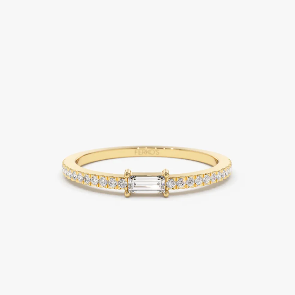 14k Stackable Baguette Diamond Ring with Pave Diamonds