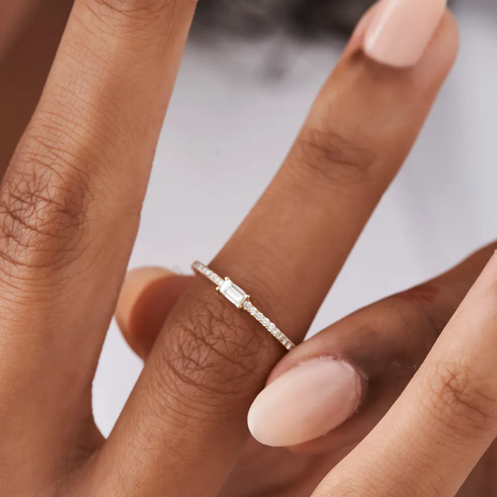 14k Stackable Baguette Diamond Ring with Pave Diamonds