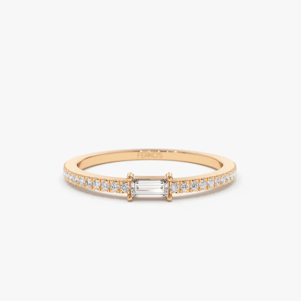 14k Stackable Baguette Diamond Ring with Pave Diamonds