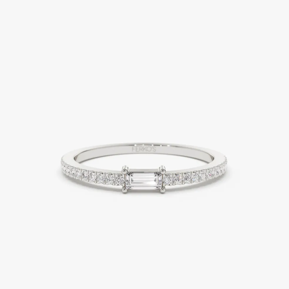 14k Stackable Baguette Diamond Ring with Pave Diamonds