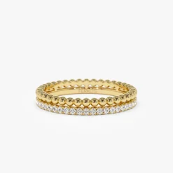 14K Stacked Beaded Ring with Diamond Ring