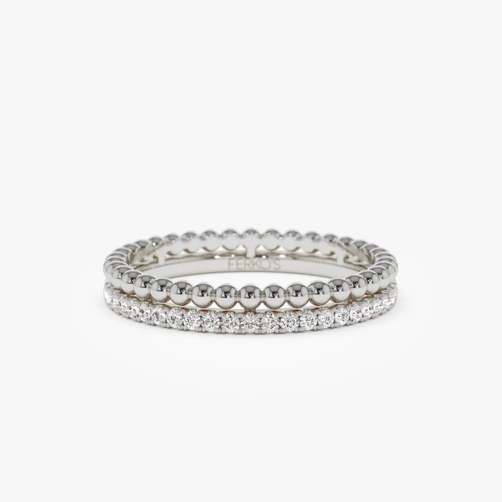 14K Stacked Beaded Ring with Diamond Ring