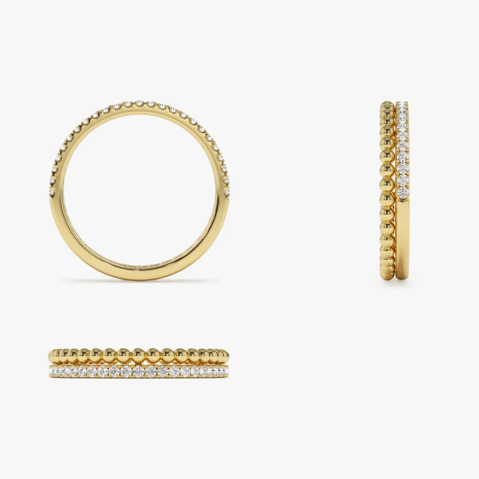 14K Stacked Beaded Ring with Diamond Ring