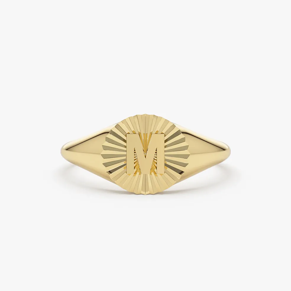14k Sunburst Initial Signet Ring