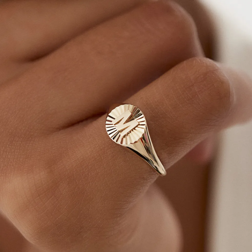 14k Sunburst Initial Signet Ring