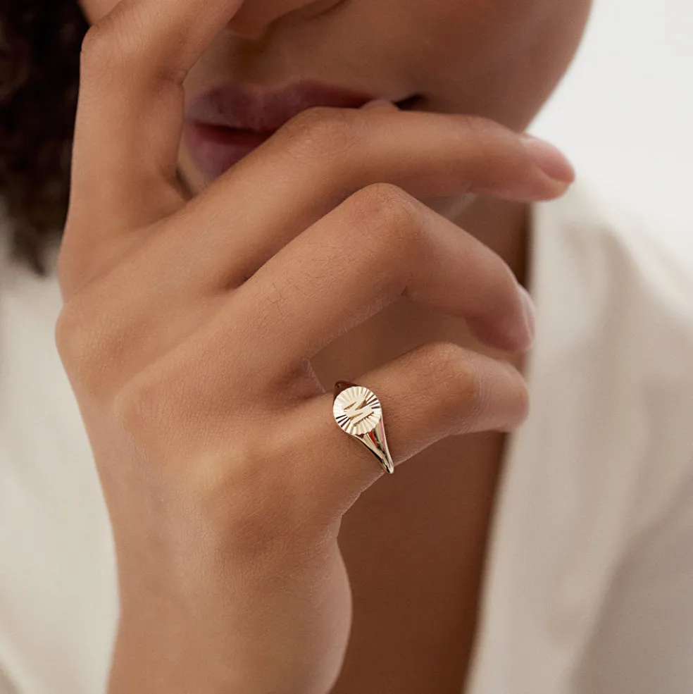 14k Sunburst Initial Signet Ring