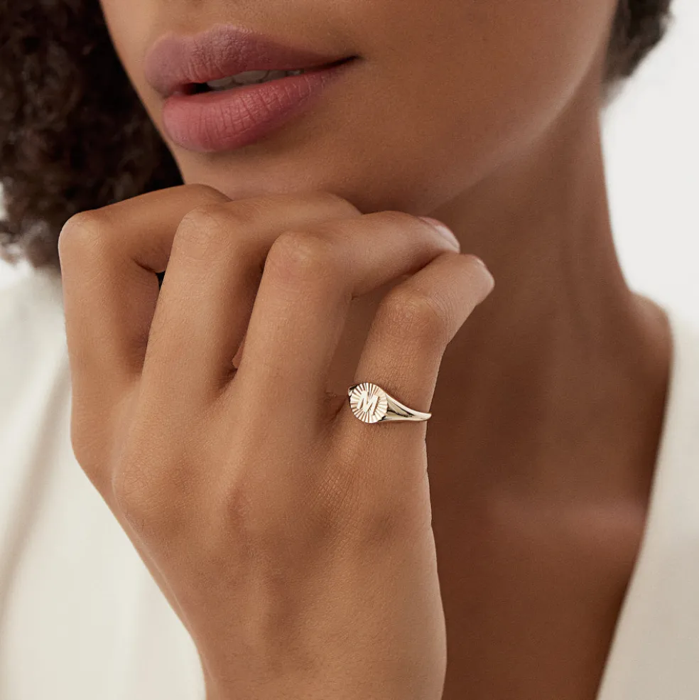 14k Sunburst Initial Signet Ring