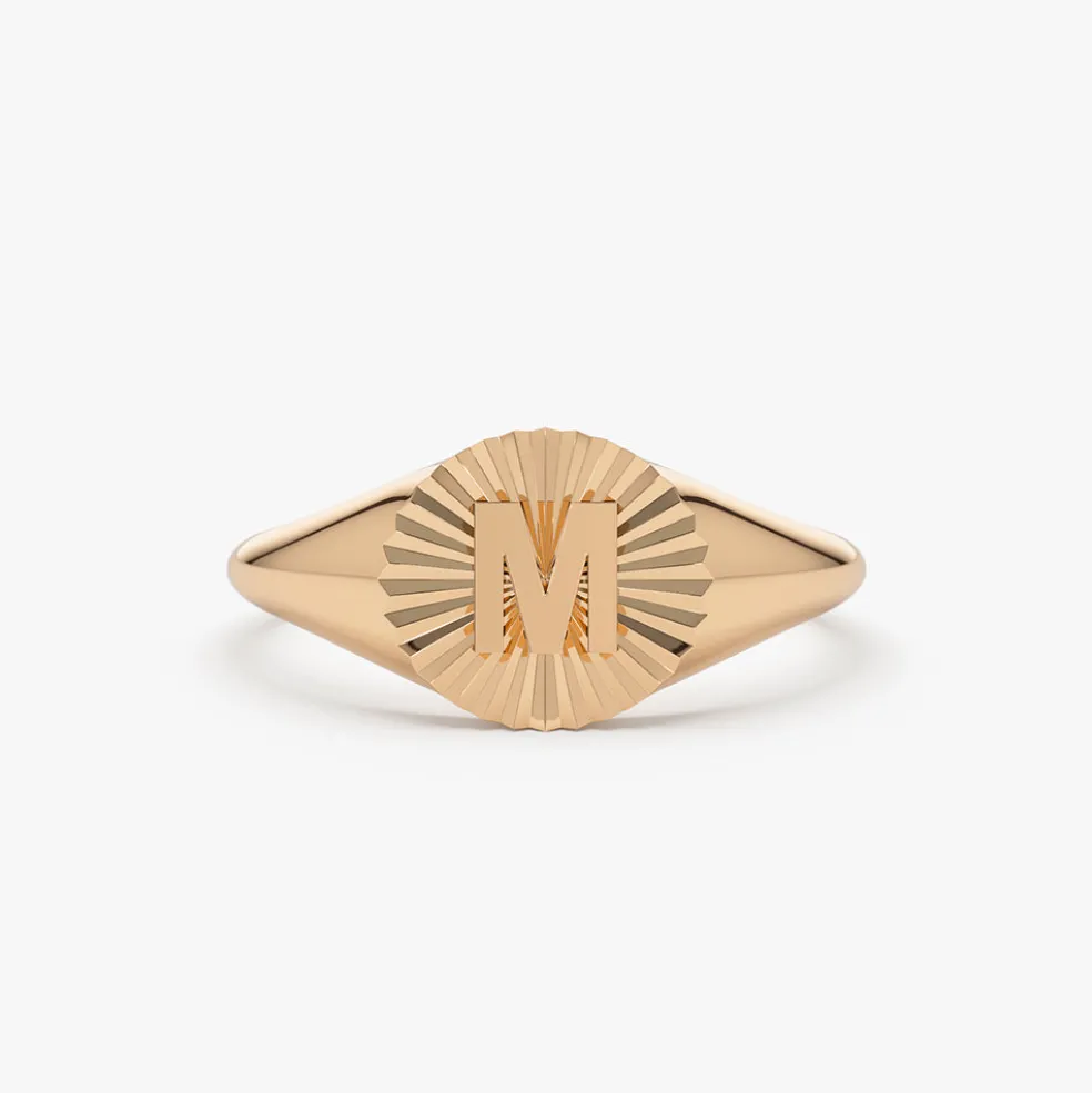 14k Sunburst Initial Signet Ring