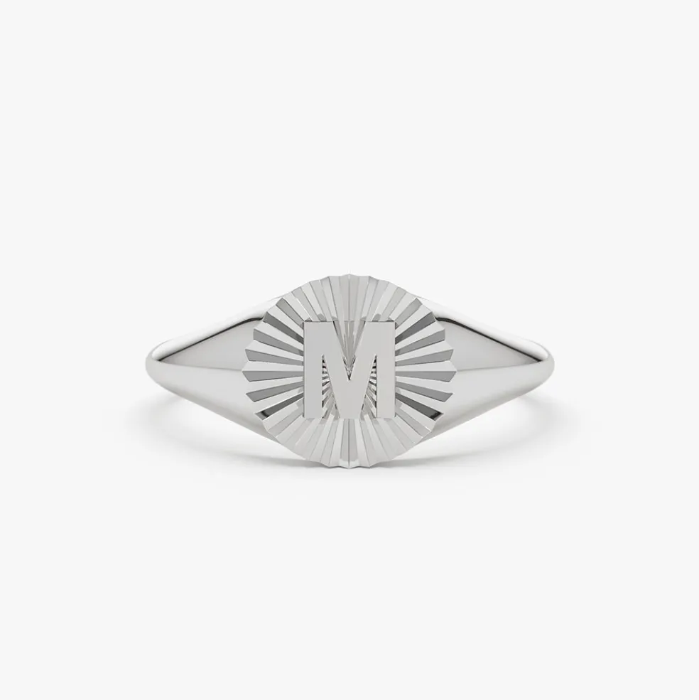 14k Sunburst Initial Signet Ring