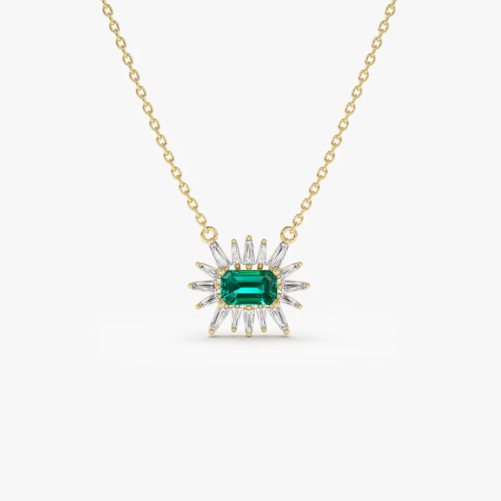 14k Tapered Baguette Diamond & Emerald Necklace