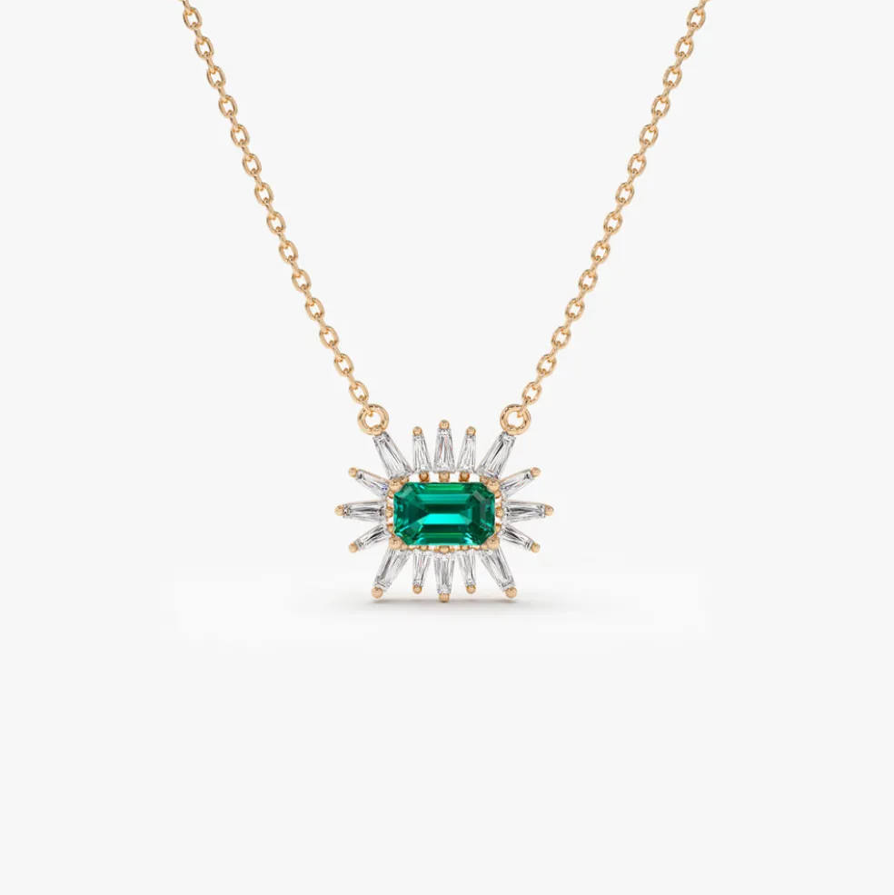 14k Tapered Baguette Diamond & Emerald Necklace