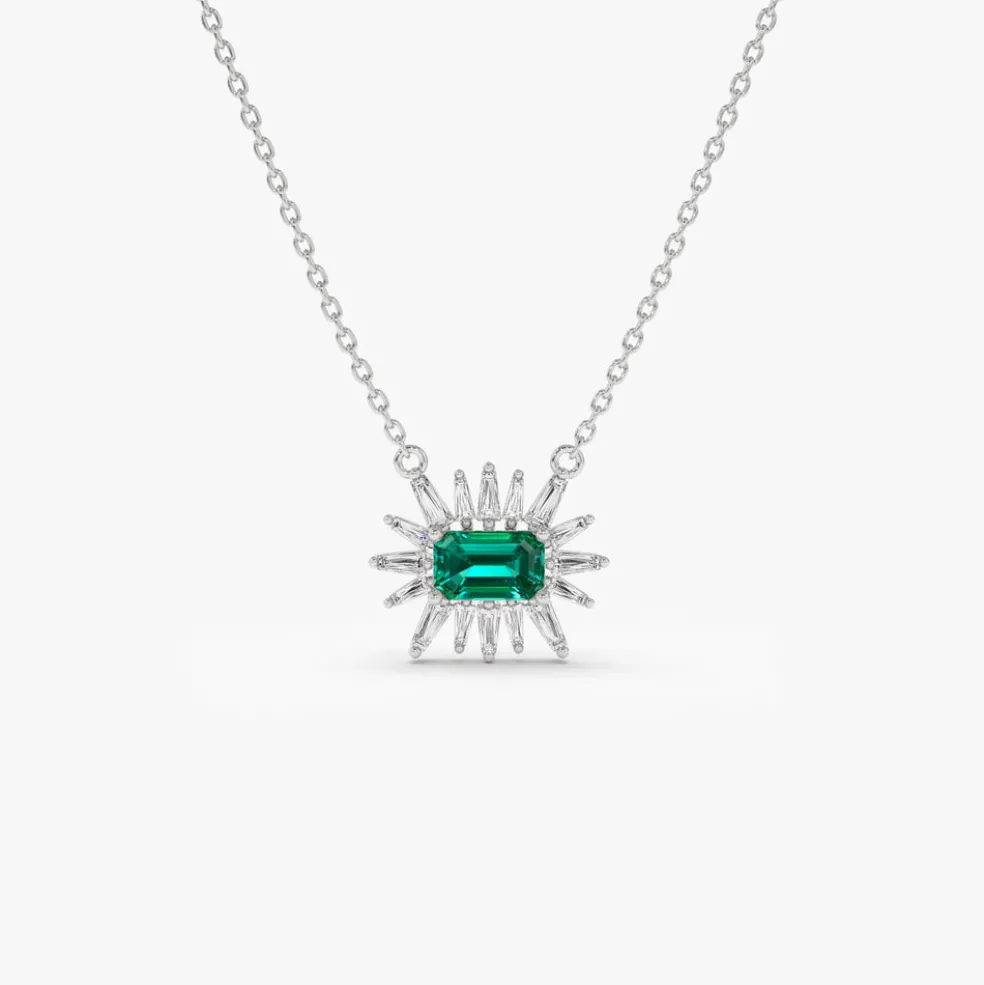 14k Tapered Baguette Diamond & Emerald Necklace