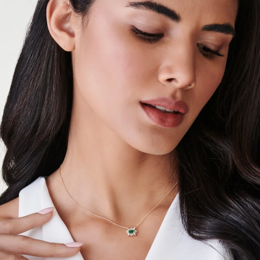14k Tapered Baguette Diamond & Emerald Necklace