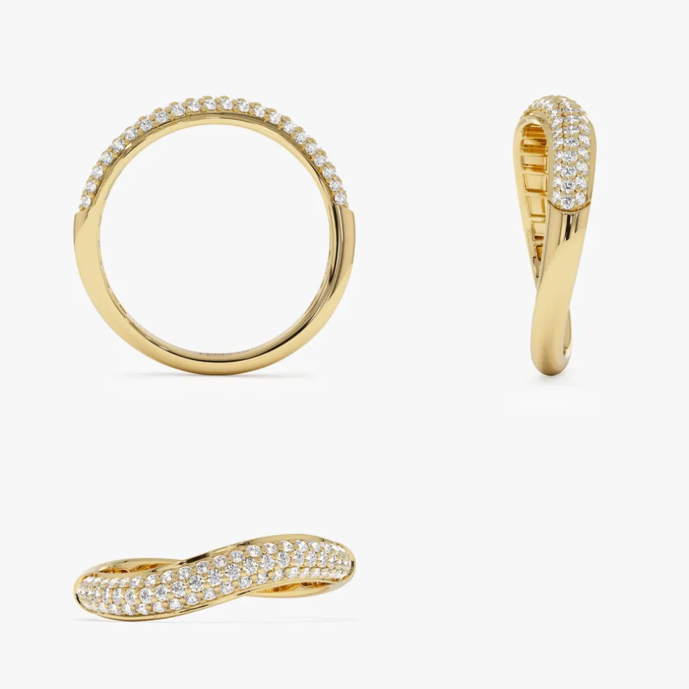 14k Three Row Diamond Pave Wave Ring