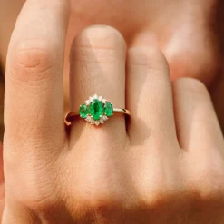 14k Three Stone Emerald Cluster Ring