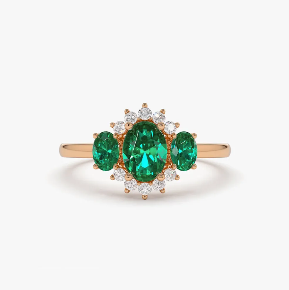 14k Three Stone Emerald Cluster Ring