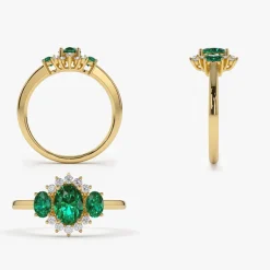 14k Three Stone Emerald Cluster Ring