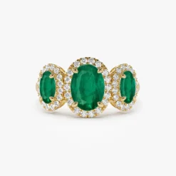 14K Three Stone Emerald Diamond Engagement Ring