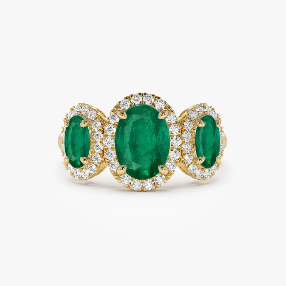 14K Three Stone Emerald Diamond Engagement Ring