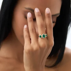 14K Three Stone Emerald Diamond Engagement Ring