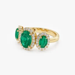 14K Three Stone Emerald Diamond Engagement Ring