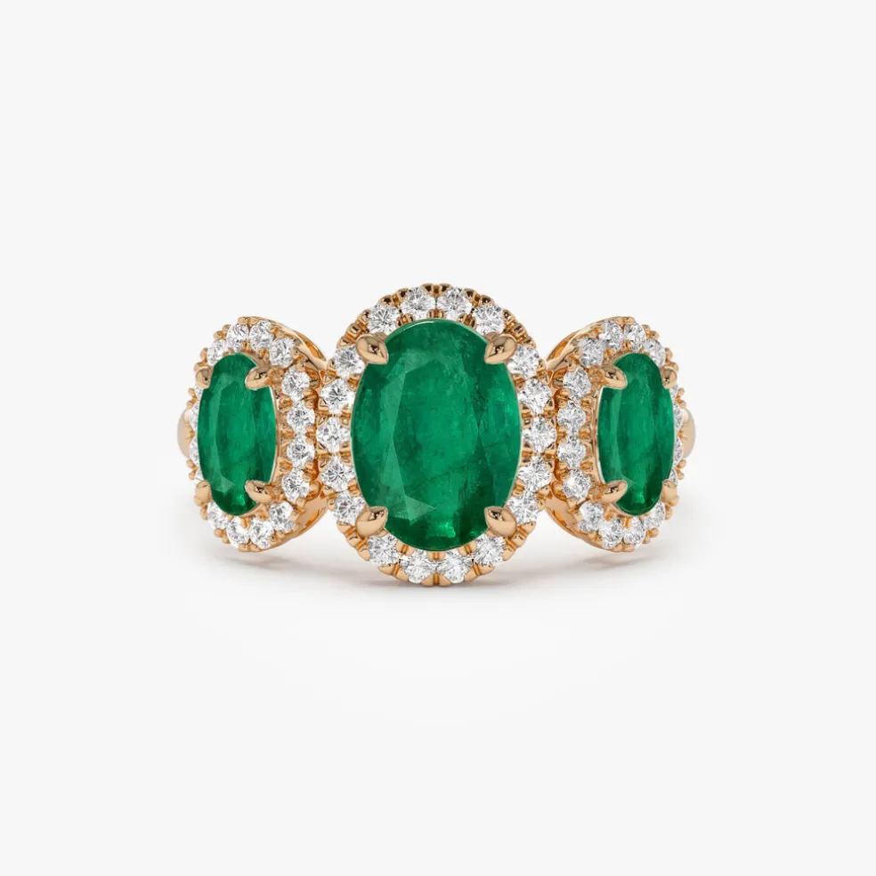 14K Three Stone Emerald Diamond Engagement Ring