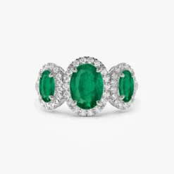 14K Three Stone Emerald Diamond Engagement Ring