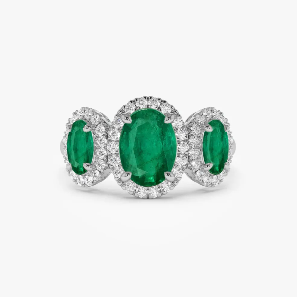 14K Three Stone Emerald Diamond Engagement Ring