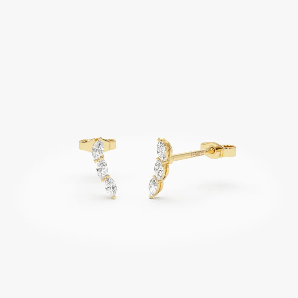 14k Three Stone Marquise Shaped Diamond Studs