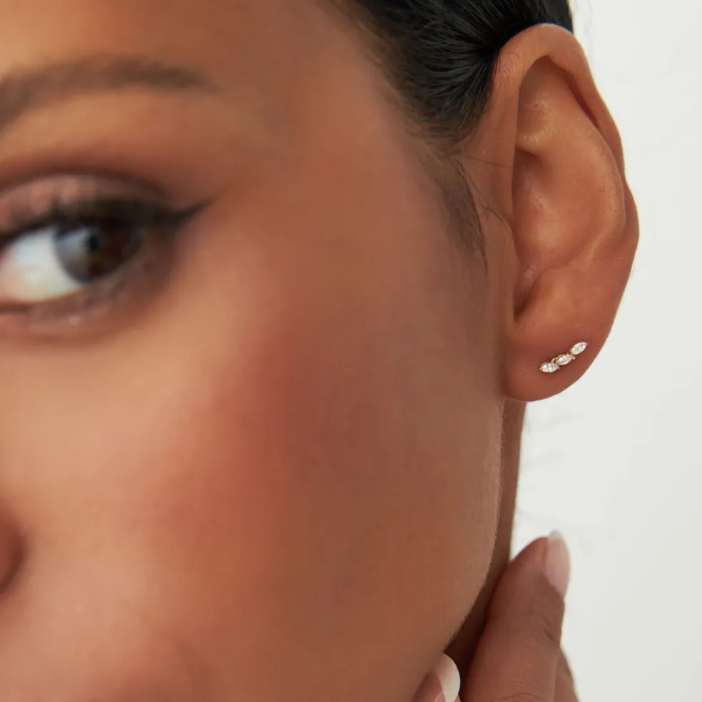 14k Three Stone Marquise Shaped Diamond Studs