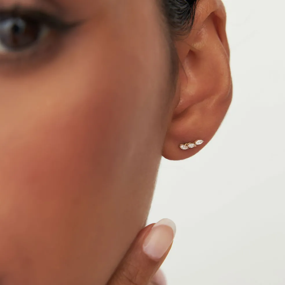 14k Three Stone Marquise Shaped Diamond Studs