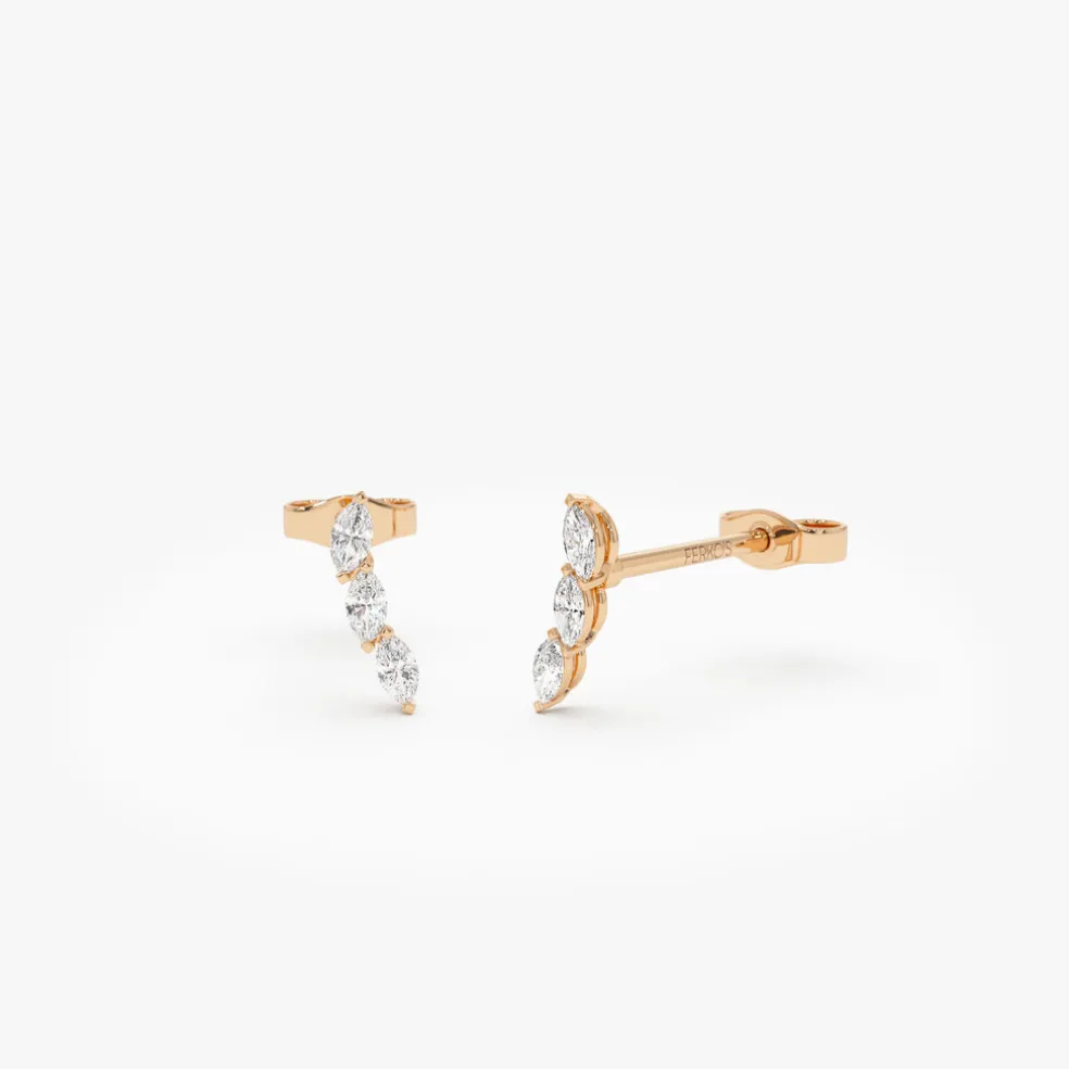14k Three Stone Marquise Shaped Diamond Studs