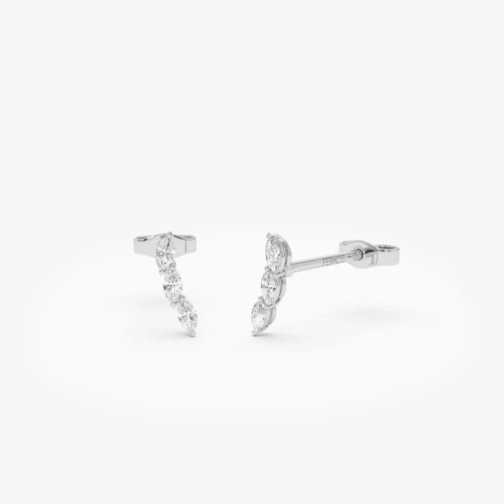 14k Three Stone Marquise Shaped Diamond Studs