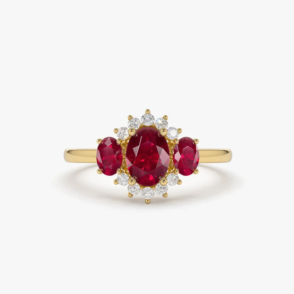 14k Three Stone Ruby Cluster Ring