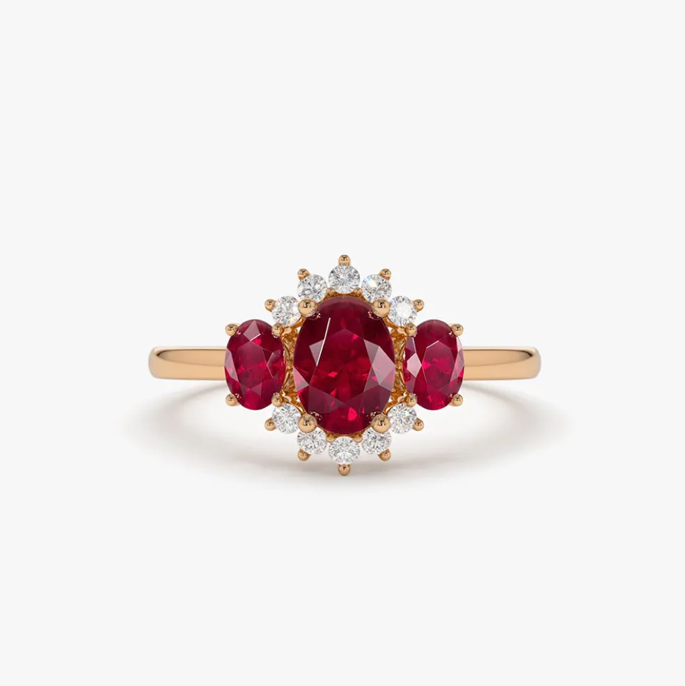 14k Three Stone Ruby Cluster Ring