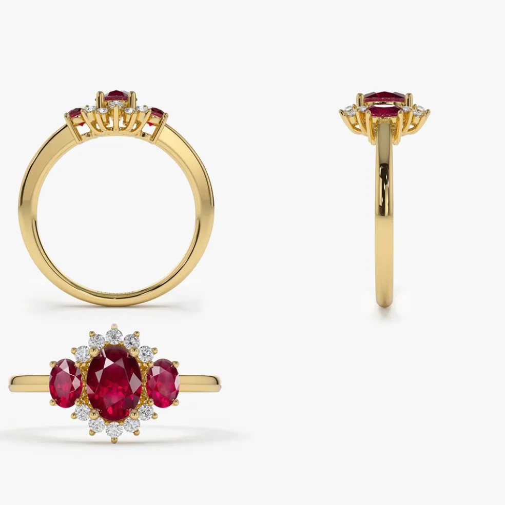 14k Three Stone Ruby Cluster Ring