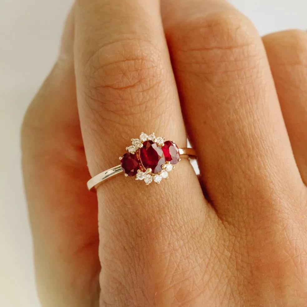 14k Three Stone Ruby Cluster Ring