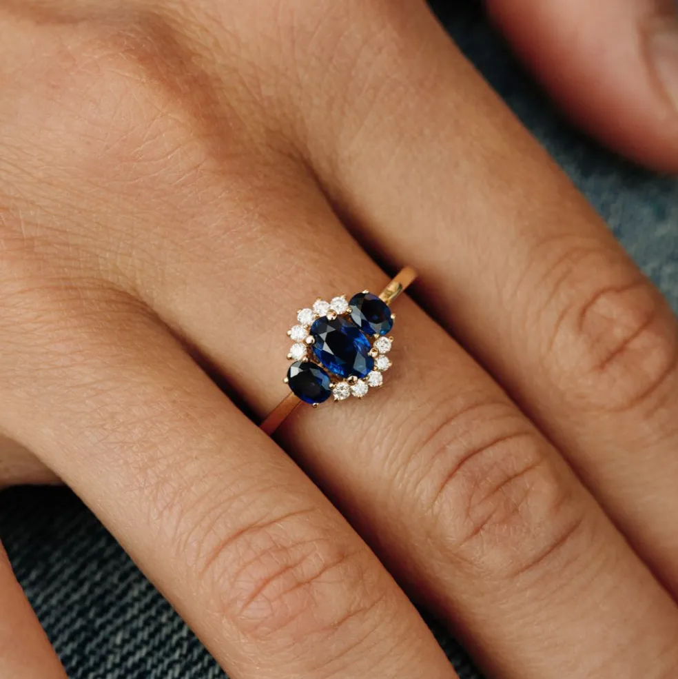 14k Three Stone Sapphire Cluster Ring