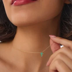 14K Tiny Emerald Cross Necklace