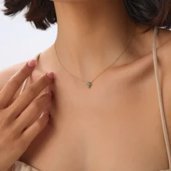 14K Tiny Emerald Cross Necklace