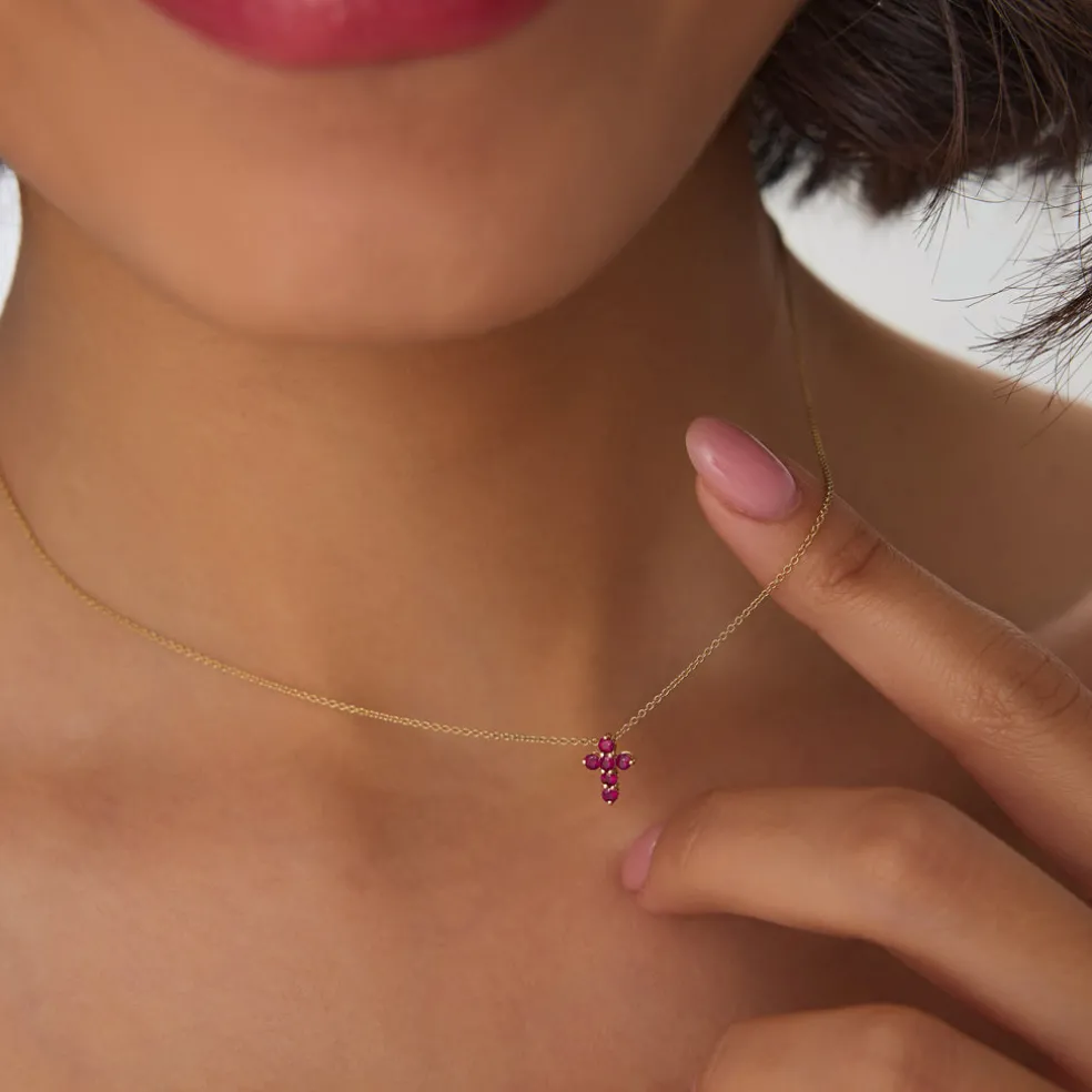 14K Tiny Ruby Cross Necklace